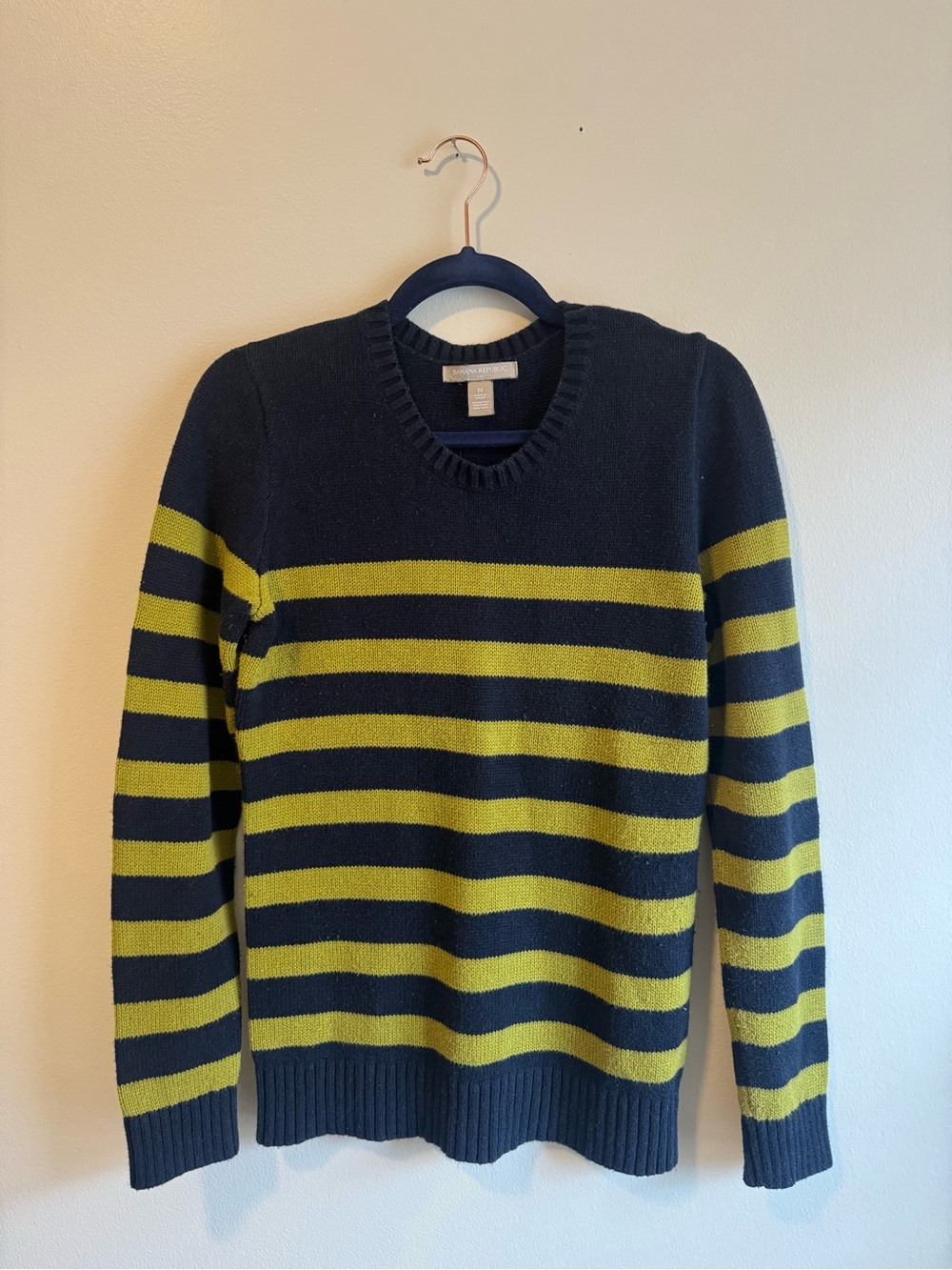 Banana Republic Navy and Olive Green Striped Crewneck Sweater
